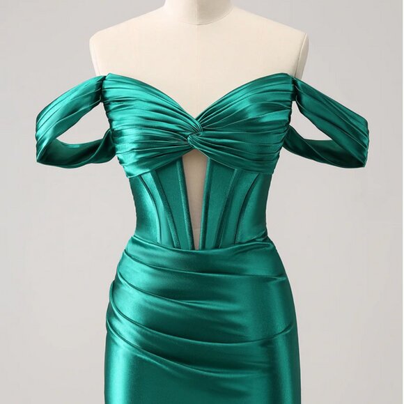 Zapaka Dark Green Tight Off the Shoulder Corset Satin Homecoming Dress, 6, NWT - Picture 1 of 5